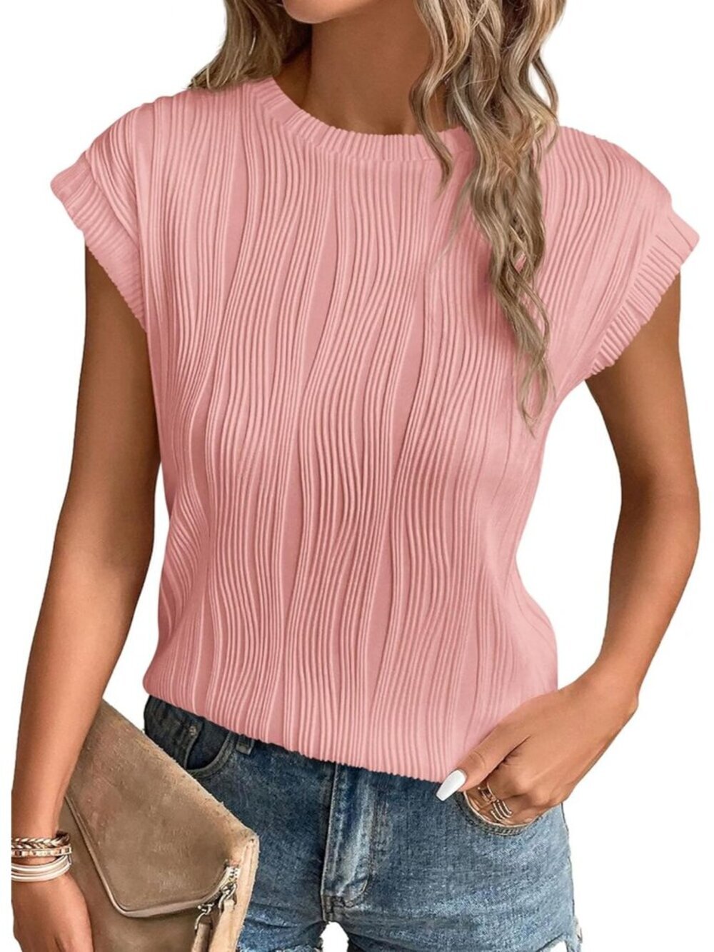 Women's Pink Cap Sleeve Blouses Pull On Imported Casual Tops Shirts